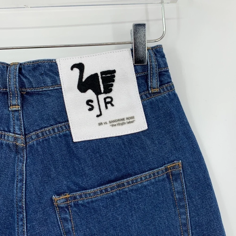 Sandrine Rose cut-off long denim jean shorts dark wash frayed hem blue new 26